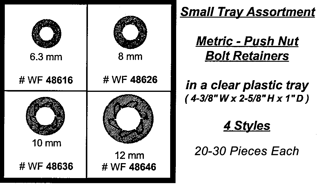 Assortment Tray Push Nut Retainers Metric, 4 Sizes