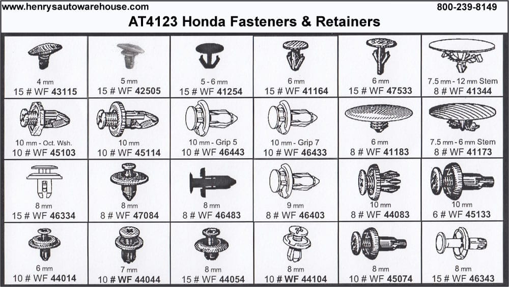 Assortment Tray Honda Retainers, 24 Styles – 263 Pcs